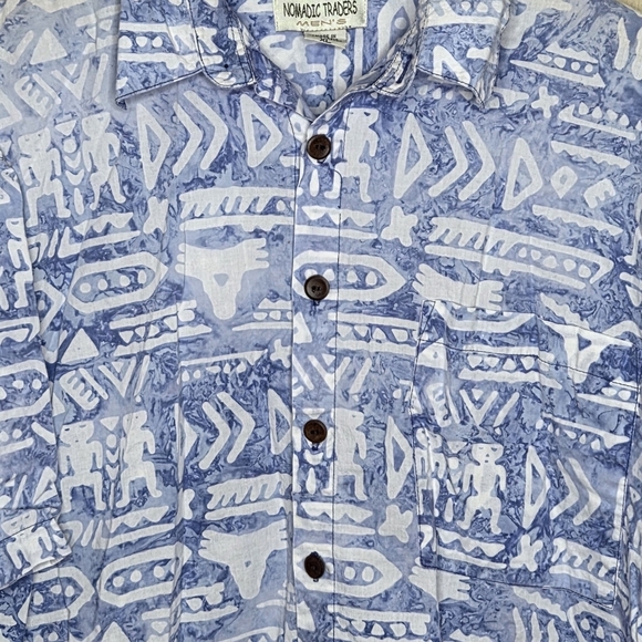 Nomadic Traders | Blue Tribal Hieroglyphic Print Short Sleeve Shirt Size XL - Picture 2 of 5